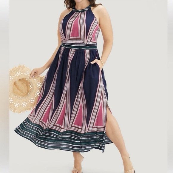 BloomChic Dresses & Skirts - Nwt Bloomchic Halter Geometric Print Slit Dress 18/20 Stripes